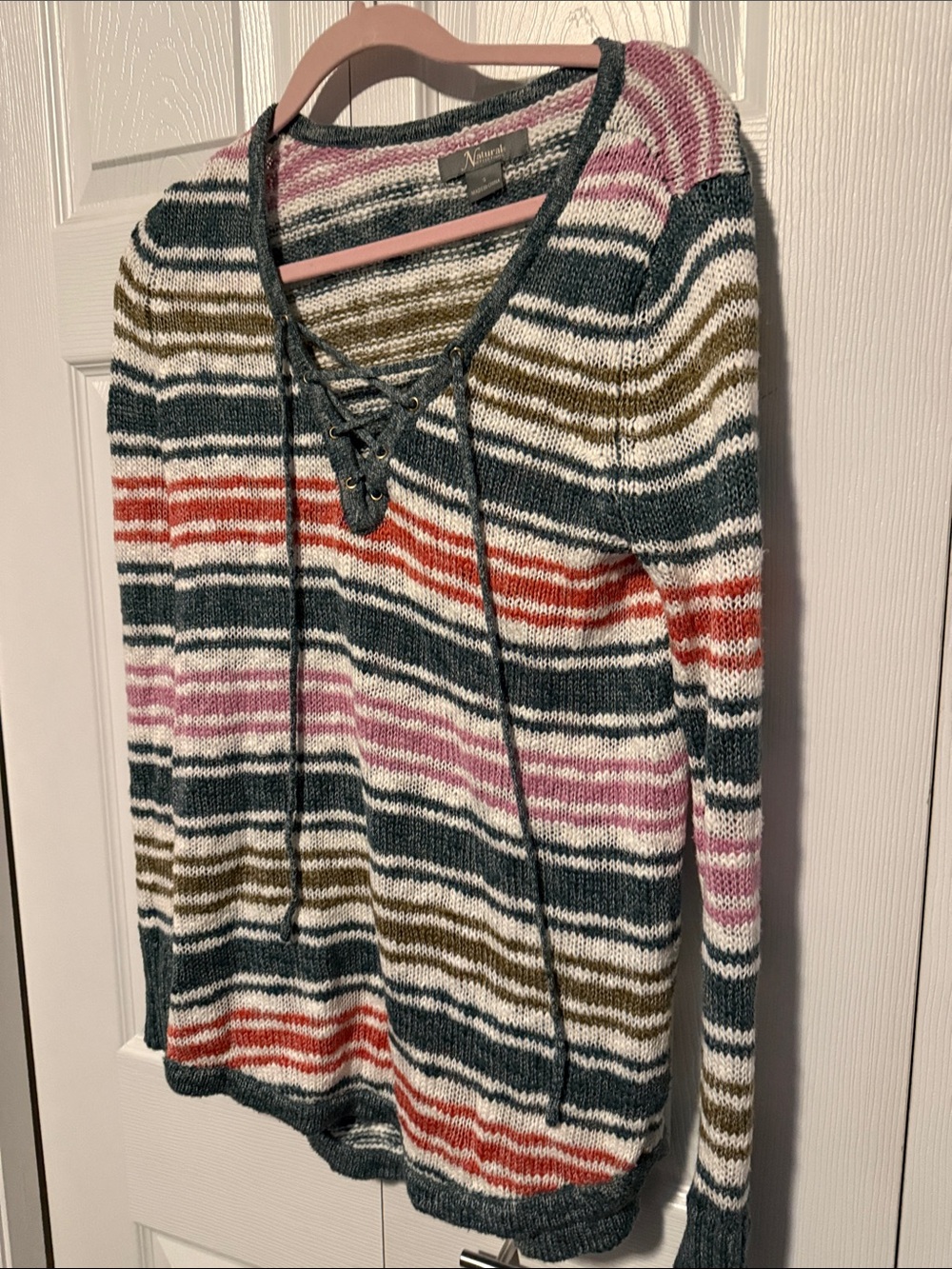 Natural reflection Striped Lace-Up V-Neck Sweater